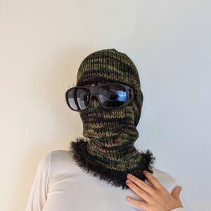 Green Camo Military Multicolor Grunge Fuzzy Knitted Handmade Balaclava Hat